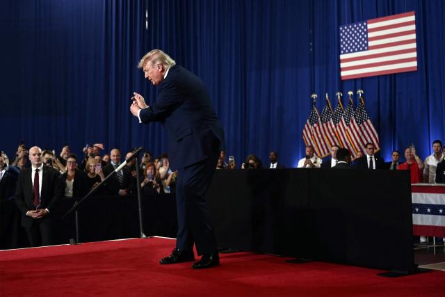 US President Donald Trump reacts after speaking about the economy during an event at Rockland Community College Fieldhouse in Suffern, New York, on May 22, 2026. Trump is the first sitting president to visit the northern New York City suburbs since Gerald Ford in 1976. (Photo by Brendan SMIALOWSKI / AFP)