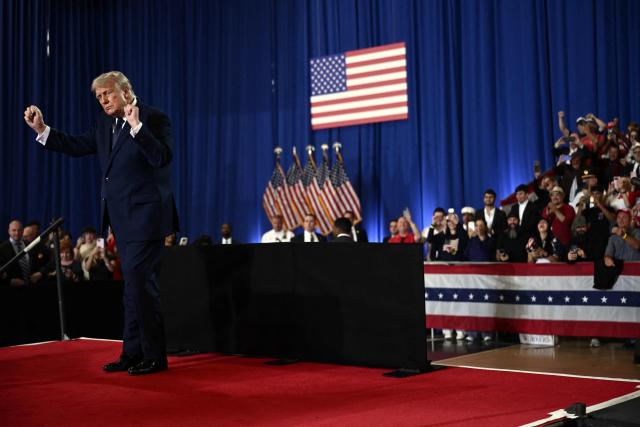 US President Donald Trump does his little dance after speaking about the economy during an event at Rockland Community College Fieldhouse in Suffern, New York, on May 22, 2026. Trump is the first sitting president to visit the northern New York City suburbs since Gerald Ford in 1976. (Photo by Brendan SMIALOWSKI / AFP)