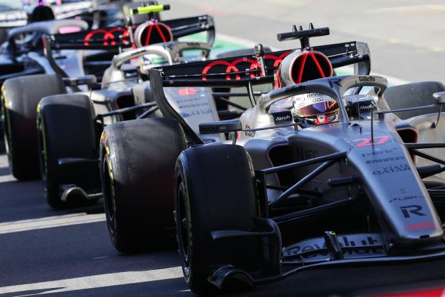 Audi's German driver Nico Hulkenberg (R) lines up to exit pit lane during the qualifying session for the Sprint race ahead of the 2026 Formula 1 Grand Prix du Canada at Circuit Gilles-Villeneuve in Montreal, Canada, on May 22, 2026. (Photo by Cristobal Herrera Ulashkevich / POOL / AFP)