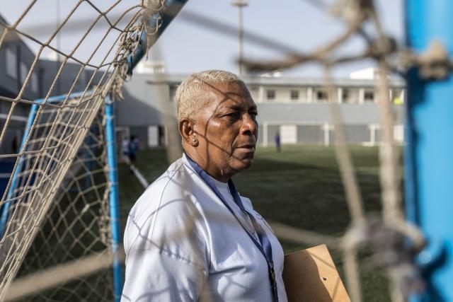 Silveria Nedio “Nita”, historic manager of the Cape Verde women's national football team and director of the Bola Pra Frente football academy poses for a portrait during practice in Praia, on May 22, 2026. Bola Pra Frente is considered one of the most renowned football academies in Cape Verde, with former students Joao Paulo Fernandes and Kevin Pina being part of the national team set to compete at the World Cup 2026. (Photo by PATRICK MEINHARDT / AFP)