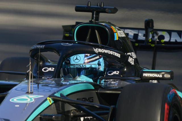 Mercedes AMG Petronas's British driver George Russell races during the qualifying session for the Sprint race ahead of the 2026 Formula 1 Grand Prix du Canada at Circuit Gilles-Villeneuve in Montreal, Canada, on May 22, 2026. (Photo by Geoff Robins / AFP)