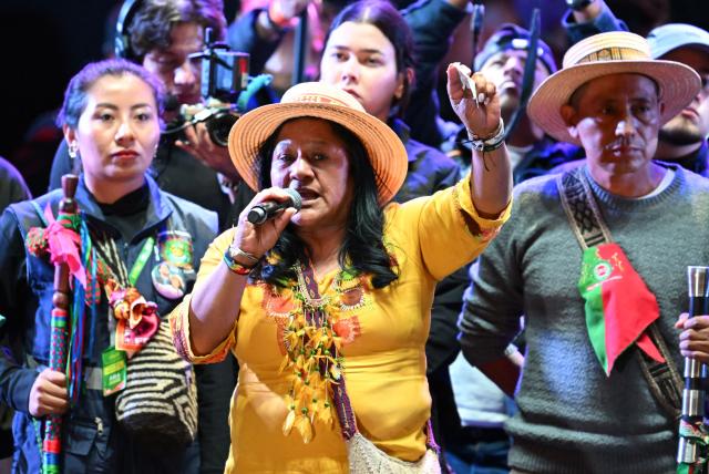 Colombia's candidate for vice-president from the ruling party Aida Quilcue speaks during a campaign rally at Plaza Bolivar in Bogota on May 22, 2026. (Photo by Raul ARBOLEDA / AFP)