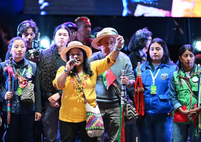 Colombia's candidate for vice-president from the ruling party Aida Quilcue speaks during a campaign rally at Plaza Bolivar in Bogota on May 22, 2026. (Photo by Raul ARBOLEDA / AFP)