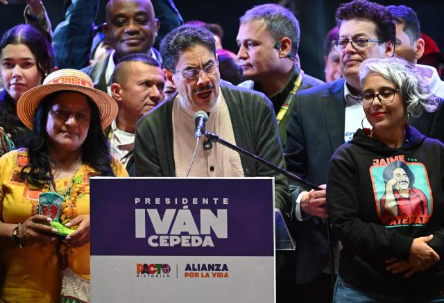 Colombia's presidential candidate from the leftist ruling party Ivan Cepeda speaks during a campaign rally at Plaza Bolivar in Bogota on May 22, 2026. (Photo by Raul ARBOLEDA / AFP)