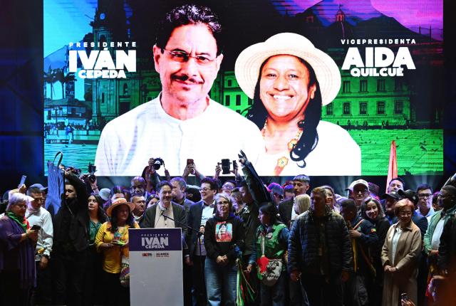 Colombia's presidential candidate from the leftist ruling party Ivan Cepeda speaks during a campaign rally at Plaza Bolivar in Bogota on May 22, 2026. (Photo by Raul ARBOLEDA / AFP)