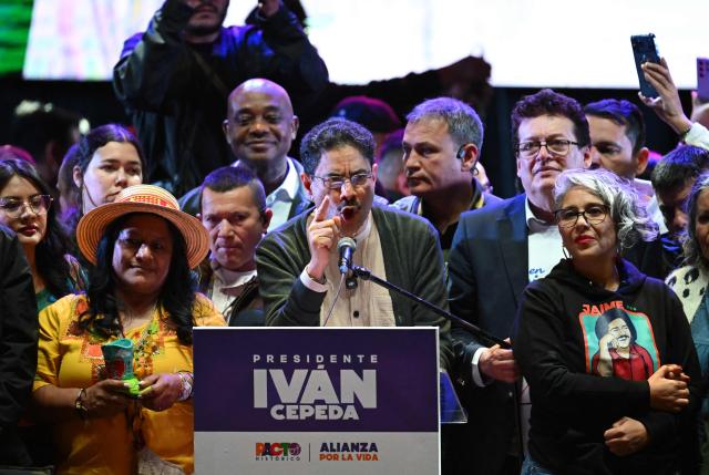 Colombia's presidential candidate from the leftist ruling party Ivan Cepeda speaks during a campaign rally at Plaza Bolivar in Bogota on May 22, 2026. (Photo by Raul ARBOLEDA / AFP)