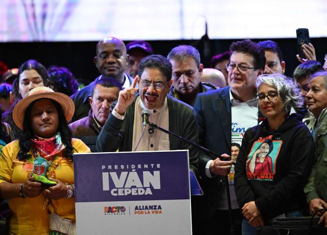Colombia's presidential candidate from the leftist ruling party Ivan Cepeda speaks during a campaign rally at Plaza Bolivar in Bogota on May 22, 2026. (Photo by Raul ARBOLEDA / AFP)