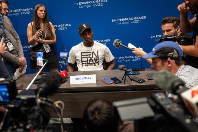 US track and field sprinter, Fred Kerley, talks with the press ahead of the Enhanced Games at the Resorts World in Las Vegas, Nevada, on May 22, 2026. The Enhanced Games is a multi-sport event that allows athletes to use performance-enhancing substances without worry of drug tests. (Photo by ETIENNE LAURENT / AFP)