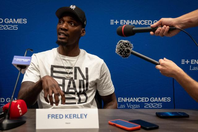 US track and field sprinter, Fred Kerley, talks with the press ahead of the Enhanced Games at the Resorts World in Las Vegas, Nevada, on May 22, 2026. The Enhanced Games is a multi-sport event that allows athletes to use performance-enhancing substances without worry of drug tests. (Photo by ETIENNE LAURENT / AFP)