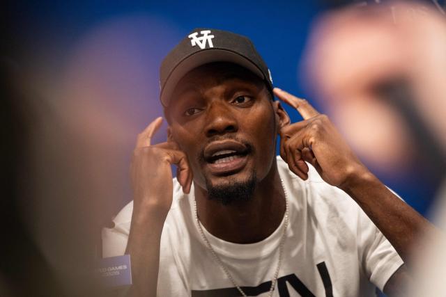 US track and field sprinter, Fred Kerley, talks with the press ahead of the Enhanced Games at the Resorts World in Las Vegas, Nevada, on May 22, 2026. The Enhanced Games is a multi-sport event that allows athletes to use performance-enhancing substances without worry of drug tests. (Photo by ETIENNE LAURENT / AFP)