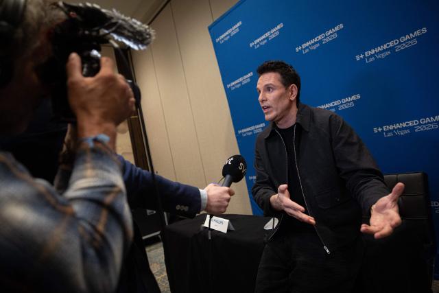 German entrepreneur and Enhanced Games co-founder, Christian Angermayer, talks with the press ahead of the Enhanced Games at the Resorts World in Las Vegas, Nevada, on May 22, 2026. The Enhanced Games is a multi-sport event that allows athletes to use performance-enhancing substances without worry of drug tests. (Photo by ETIENNE LAURENT / AFP)
