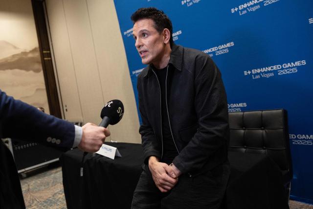 German entrepreneur and Enhanced Games co-founder, Christian Angermayer, talks with the press ahead of the Enhanced Games at the Resorts World in Las Vegas, Nevada, on May 22, 2026. The Enhanced Games is a multi-sport event that allows athletes to use performance-enhancing substances without worry of drug tests. (Photo by ETIENNE LAURENT / AFP)