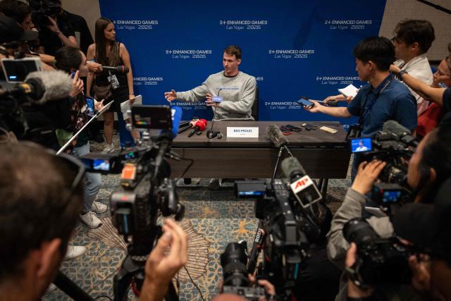 English swimmer, Benjamin Proud, talks with the press ahead of the Enhanced Games at the Resorts World in Las Vegas, Nevada, on May 22, 2026. The Enhanced Games is a multi-sport event that allows athletes to use performance-enhancing substances without worry of drug tests. (Photo by ETIENNE LAURENT / AFP)