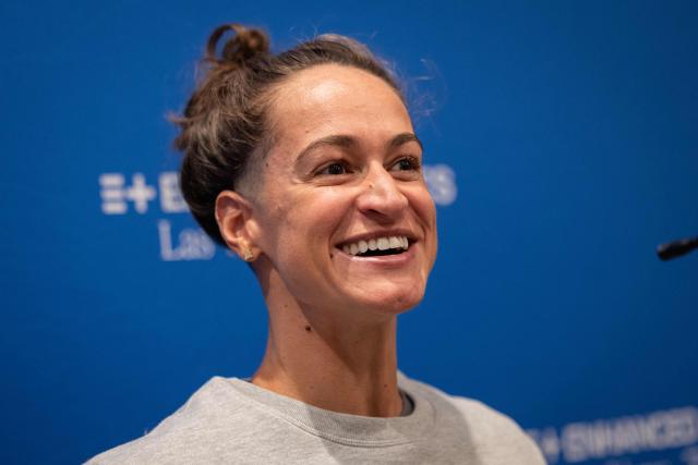 US swimmer, Megan Romano, talks with the press ahead of the Enhanced Games at the Resorts World in Las Vegas, Nevada, on May 22, 2026. The Enhanced Games is a multi-sport event that allows athletes to use performance-enhancing substances without worry of drug tests. (Photo by ETIENNE LAURENT / AFP)