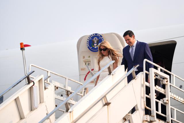 US Secretary of State Marco Rubio disembarks his plane with his wife Jeanette at Netaji Subhash Chandra Bose International Airport in Kolkata on May 23, 2026. Rubio arrived May 23 on his first trip to India where he will meet Prime Minister Narendra Modi on the heels of US diplomacy with China. (Photo by Julia Demaree Nikhinson / POOL / AFP)