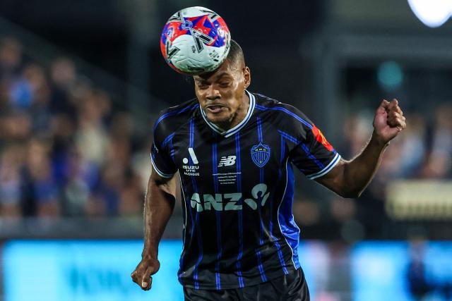 Auckland FC's Daniel Hall heads the ball during the A League Grand final football match  between Auckland FC and Sydney FC at Go Media Stadium in Auckland on May 23, 2026. (Photo by DJ MILLS / AFP)