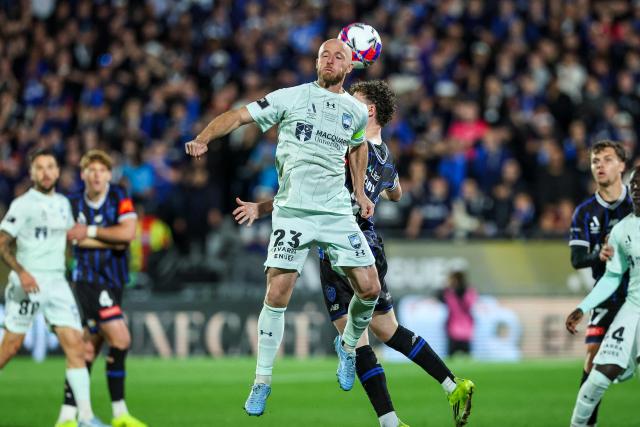 Sydney FC's Rhyan Grant heads the ball during the A League Grand final football match  between Auckland FC and Sydney FC at Go Media Stadium in Auckland on May 23, 2026. (Photo by DJ MILLS / AFP)