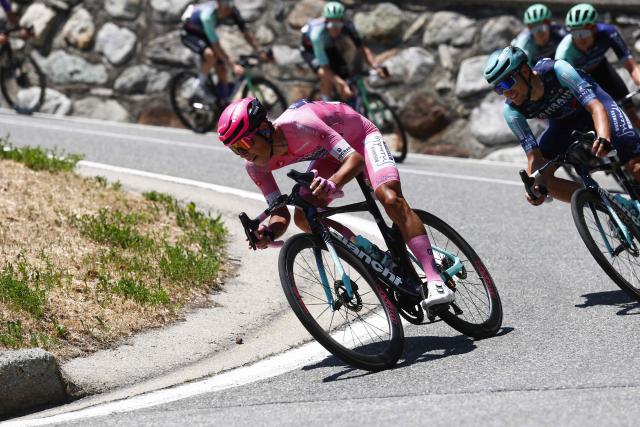 Pink Jersey Bahrain - Victorious Portuguese rider Afonso Eulalio during the 14th stage of the Giro d'Italia 2026 - Tour of Italy cycling race between Aosta and Pila (Gressan), Italy, on May 23, 2026. (Photo by Luca Bettini / AFP)