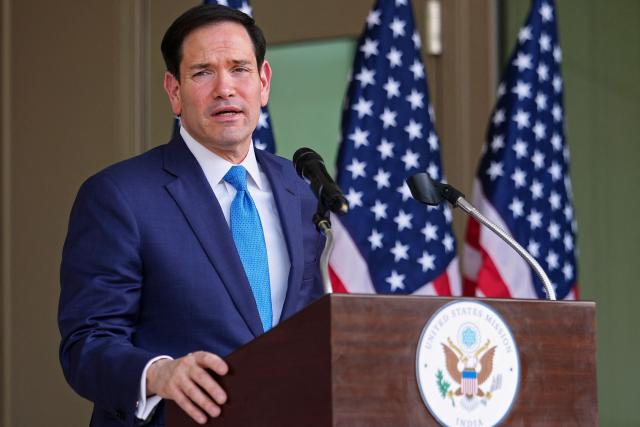 US Secretary of State Marco Rubio addresses a dedication ceremony for an annex building at the US embassy in New Delhi on May 23, 2026. (Photo by Julia Demaree Nikhinson / POOL / AFP)