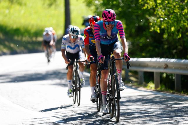 Unibet Rose Rockets Dutch rider Wout Poels climbs during the 14th stage of the Giro d'Italia 2026 - Tour of Italy cycling race between Aosta and Pila (Gressan), Italy, on May 23, 2026. (Photo by Luca Bettini / AFP)