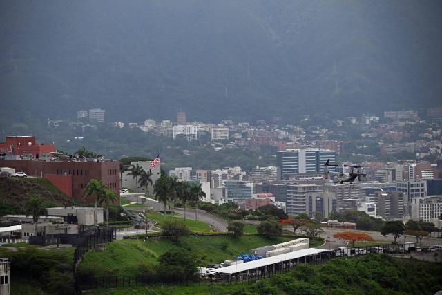 A US Marines MV-22B Osprey aircraft takes off from the US Embassy, in Caracas, on May 23, 2026, during an air evacuation drill. (Photo by Federico PARRA / AFP)