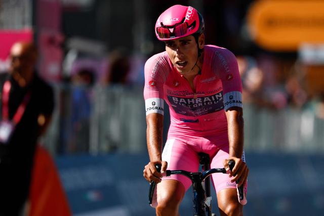 Bahrain - Victorious Portuguese rider Afonso Eulalio reacts at the end of the 14th stage of the Giro d'Italia 2026 - Tour of Italy cycling race between Aosta and Pila (Gressan), Italy, on May 23, 2026. (Photo by Luca Bettini / AFP)