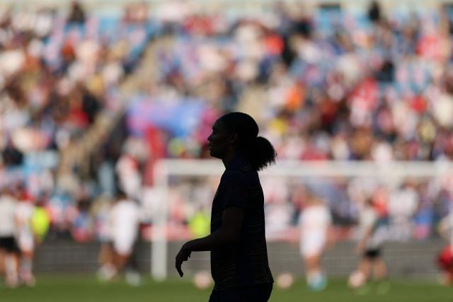 Barcelona's Spanish forward #07 Salma Paralluelo walks on the pitch during warm up ahead of the UEFA Women's Champions League final football match between FC Barcelona and Olympique Lyonnais (OL) at the Ullevaal Stadium in Oslo, Norway on May 23, 2026. (Photo by Odd ANDERSEN / AFP)
