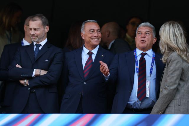 President of the UEFA Aleksander Ceferin (L) and Barcelona's Acting President Rafael Yuste (2nd L) attend the UEFA Women's Champions League final football match between FC Barcelona and Olympique Lyonnais (OL) at the Ullevaal Stadium in Oslo, Norway on May 23, 2026. (Photo by Odd ANDERSEN / AFP)