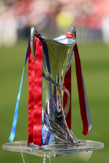 A general view of the Women's Champions League Trophy on display ahead of the UEFA Women's Champions League final football match between FC Barcelona and Olympique Lyonnais (OL) at the Ullevaal Stadium in Oslo, Norway on May 23, 2026. (Photo by Odd ANDERSEN / AFP)