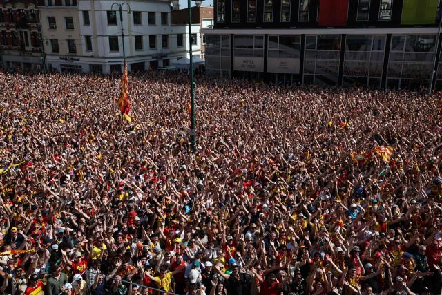 RC Lens supporters gather on the Place Jean-Jaures during celebrations following the club's victory in the French Cup final football match against OGC Nice, in Lens, northern France on May 23, 2026. (Photo by FRANCK FIFE / AFP)