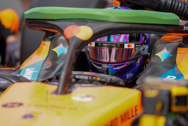 McLaren's British driver Lando Norris waits at the starting grid before the start of the Sprint race of the 2026 Formula 1 Grand Prix du Canada at Circuit Gilles-Villeneuve in Montreal, Canada, on May 22, 2026. (Photo by Geoff Robins / AFP)