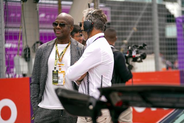 Jamaican-Canadian retired sprinter Donovan Bailey visits the starting grid before the start of the Sprint race of the 2026 Formula 1 Grand Prix du Canada at Circuit Gilles-Villeneuve in Montreal, Canada, on May 22, 2026. (Photo by Geoff Robins / AFP)