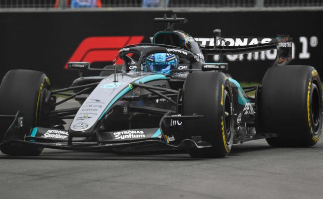 Mercedes' British driver George Russell races during the Sprint race ahead of the 2026 Formula 1 Grand Prix du Canada at Circuit Gilles-Villeneuve in Montreal, Canada, on May 23, 2026. (Photo by Andrej Ivanov / AFP)