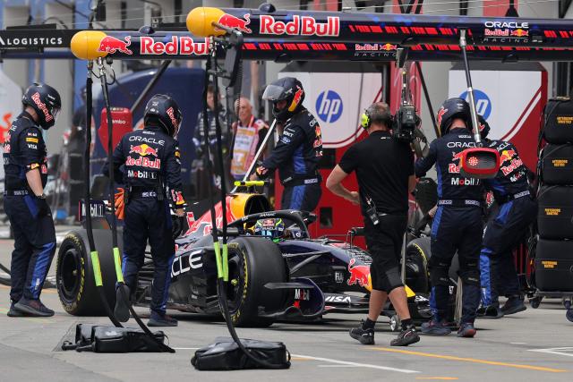 Red Bull Racing's French driver Isack Hadjar stops in the pits during the Sprint race ahead of the 2026 Formula 1 Grand Prix du Canada at Circuit Gilles-Villeneuve in Montreal, Canada, on May 23, 2026. (Photo by Cristobal Herrera Ulashkevich / POOL / AFP)