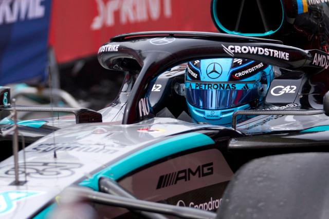 Mercedes' British driver George Russell pulls into the winners circle after winning the Sprint race ahead of the 2026 Formula 1 Grand Prix du Canada at Circuit Gilles-Villeneuve in Montreal, Canada, on May 23, 2026. (Photo by Geoff Robins / AFP)