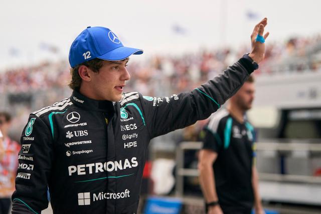Mercedes' Italian driver Kimi Antonelli waves to the fans after finishing third in the Sprint race ahead of the 2026 Formula 1 Grand Prix du Canada at Circuit Gilles-Villeneuve in Montreal, Canada, on May 23, 2026. (Photo by Geoff Robins / AFP)