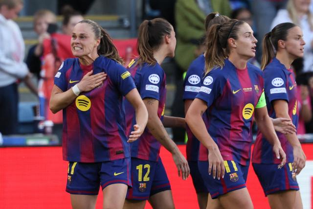 Barcelona's Polish forward #17 Ewa Pajor celebrates scoring her team's first goal during the UEFA Women's Champions League final football match between FC Barcelona and Olympique Lyonnais (OL) at the Ullevaal Stadium in Oslo, Norway on May 23, 2026. (Photo by Odd ANDERSEN / AFP)