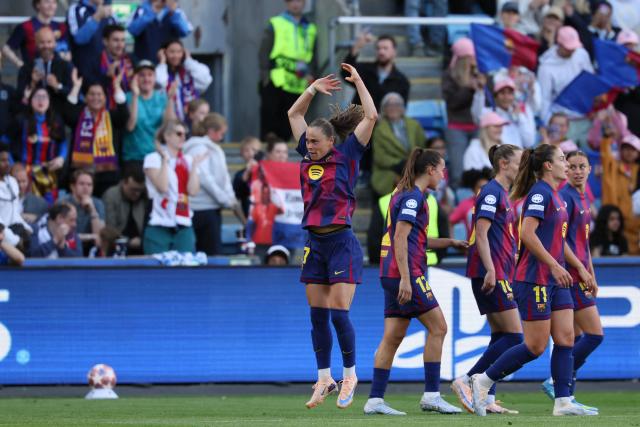 Barcelona's Polish forward #17 Ewa Pajor celebrates scoring her team's first goal during the UEFA Women's Champions League final football match between FC Barcelona and Olympique Lyonnais (OL) at the Ullevaal Stadium in Oslo, Norway on May 23, 2026. (Photo by Odd ANDERSEN / AFP)