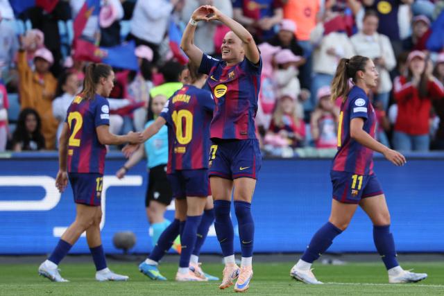 Barcelona's Polish forward #17 Ewa Pajor celebrates scoring her team's first goal during the UEFA Women's Champions League final football match between FC Barcelona and Olympique Lyonnais (OL) at the Ullevaal Stadium in Oslo, Norway on May 23, 2026. (Photo by Odd ANDERSEN / AFP)