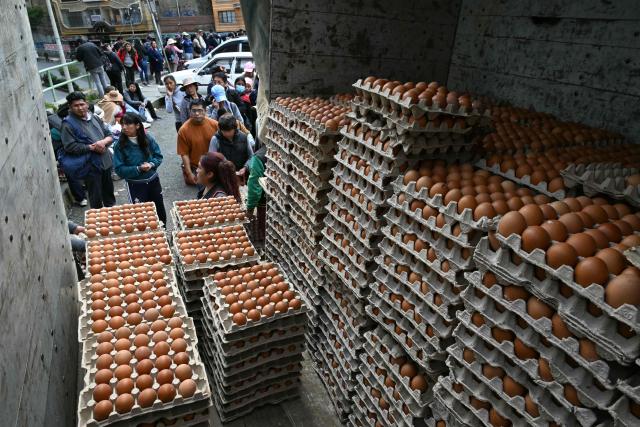 People line up to buy eggs in La Paz on May 23, 2026. The Bolivian government said it would deploy a police and military operation starting on the morning of May 23 to allow the passage of scarce goods into La Paz through roadblocks, as unions and Indigenous groups press their calls for President Rodrigo Paz to step down. (Photo by AIZAR RALDES / AFP)