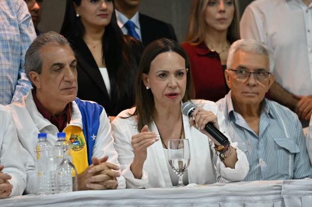 Venezuelan opposition leader Maria Corina Machado speaks during a press conference in Panama City on May 23, 2026. Machado is visiting Panama as part of a regional tour, during which she is set to meet with members of the Venezuelan diaspora and Panamanian President Jose Raul Mulino. (Photo by MARTIN BERNETTI / AFP)