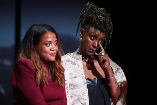 Rwandan actress Isabelle Kabano celebrates on stage after winning the Camera d'Or Prize for the film "Ben'Imana" during the closing ceremony of the 79th edition of the Cannes Film Festival in Cannes, southern France, on May 23, 2026. (Photo by Valery HACHE / AFP)