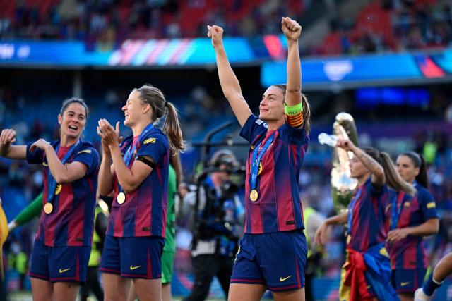 Barcelona's Spanish midfielder #11 Alexia Putellas celebrates following the victory ceremony after FC Barcelona won the UEFA Women's Champions League final football match between FC Barcelona and Olympique Lyonnais (OL) at the Ullevaal Stadium in Oslo, Norway on May 23, 2026. (Photo by Jonathan Nackstrand / AFP)