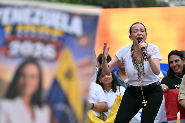 Venezuelan opposition leader Maria Corina Machado speaks to Venezuelan diaspora during a rally in Panama City on May 23, 2026. Machado is visiting Panama as part of a regional tour, during which she is set to meet with members of the Venezuelan diaspora and Panamanian President Jose Raul Mulino. (Photo by MARTIN BERNETTI / AFP)