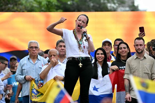 Venezuelan opposition leader Maria Corina Machado speaks to Venezuelan diaspora during a rally in Panama City on May 23, 2026. Machado is visiting Panama as part of a regional tour, during which she is set to meet with members of the Venezuelan diaspora and Panamanian President Jose Raul Mulino. (Photo by MARTIN BERNETTI / AFP)