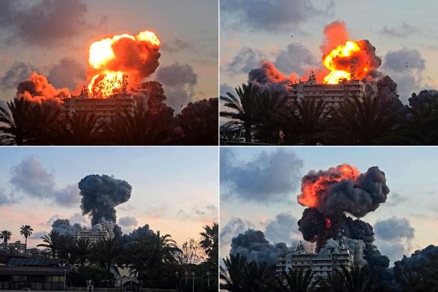 TOPSHOT - This combination of pictures shows a fireball erupting from a building following an Israeli strike in Tyre, southern Lebanon, on May 28, 2026. The Israeli military said on May 28 it had begun new strikes on Hezbollah infrastructure around the southern Lebanese city of Tyre after issuing an evacuation warning to its residents. (Photo by KAWANT HAJU / AFP)