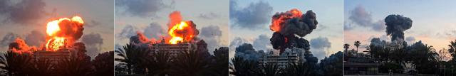This combination of pictures shows a fireball erupting from a building following an Israeli strike in Tyre, southern Lebanon, on May 28, 2026. The Israeli military said on May 28 it had begun new strikes on Hezbollah infrastructure around the southern Lebanese city of Tyre after issuing an evacuation warning to its residents. (Photo by KAWANT HAJU / AFP)