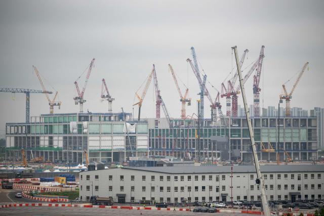 Tower cranes are seen at the construction site of the Samsung Electronics factory in Pyeongtaek on May 28, 2026. (Photo by Shin Yong-ju / AFP)