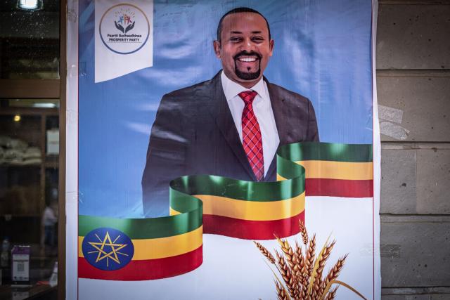 A general view of an election campaign poster depicting Ethiopia's Prime Minister Abiy Ahmed in Jimma on May 27, 2026 ahead of Ethiopia’s general elections scheduled for June 1, 2026. (Photo by Marco Simoncelli / AFP)