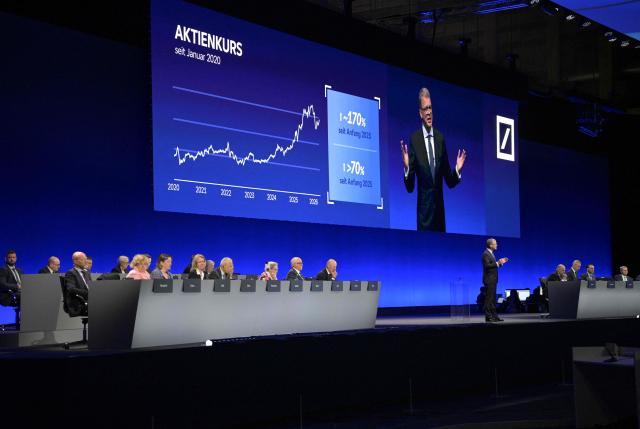 Deutsche Bank CEO Christian Sewing speaks on stage during the company's annual shareholder meeting on May 28, 2026 in Frankfurt am Main, western Germany. (Photo by Hannes P. Albert / AFP)